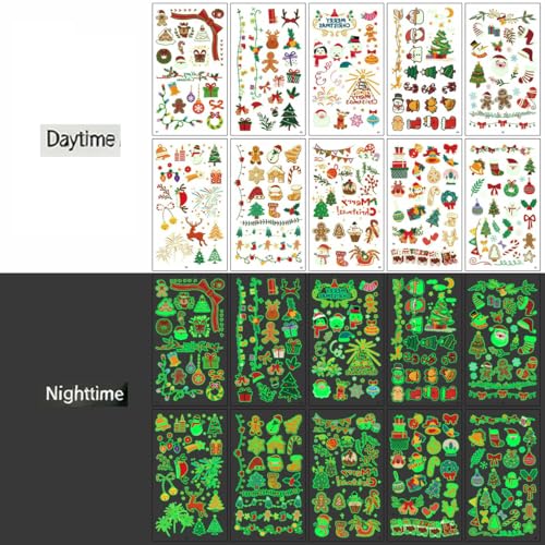 Glow in Dark Christmas Temporary Tattoos for Kids - 20 Sheets