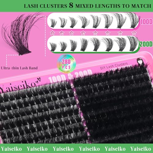 Yaiseiko 280PCS Lash Clusters Kit 12-25mm Volume Eyelash Extensions