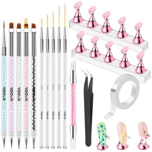 Nail Art Tools Set, Nail Stand for Press on Holder for Painting Nails, Nail Art Brushes and Dotting Tools, Nail Design Tools Supplies, Gel Polish and Builder Brush, French Tip Brush, Liner Brush