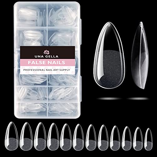 UNA GELLA Nail Tips For Perfect Almond Extensions, 504pcs Pre Etched Soft Gel X Fake Nails Tips Almond Shape Full Cover -12 Sizes Acrylic Press On Nails Tips No c Curve