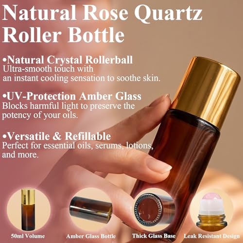 Rose Quartz Roller Bottles for Essential Oils - 50ml Amber Glass (2-Pack)