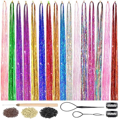 Hair Tinsel Kit 16 Colors 3500 Strands 48 Inch with Tools