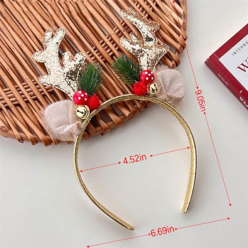 TIMMOKO Christmas Headbands for Women Girls Gold Elk Antler Hair Bands Teddy Bear Ear Headband with Jingle Bells Glod Glitter Full Cover Hair Bands Christmas Headbands