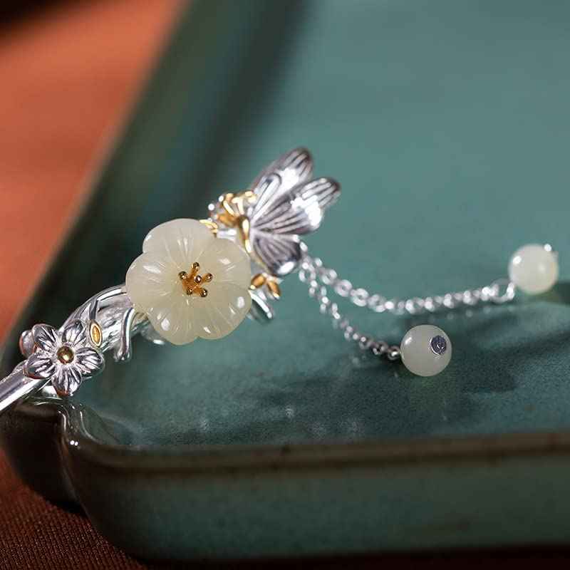 Rabithenn Hotan Jade S925 Silver Hairpin Butterfly with Pearl and Plum Blossom Chinese Hanfu Style Hair Sticks Retro Handmade Hair Clip Hair Accessories for Women Girls Long Hair (Hotan Jade)