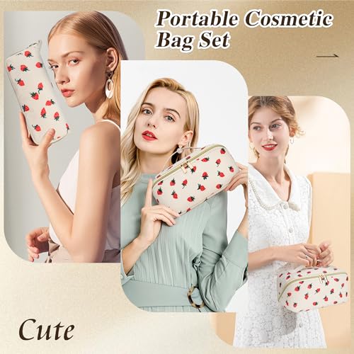 Travel Makeup Bag Set, 2Pcs Large Capacity Flower Make up Bag Quilted Cosmetic Bag for Girls, Little Flower Cute Travel Toiletry Bag for Women Wide Open Floral Cotton Stuff Bag Skin Care Bag