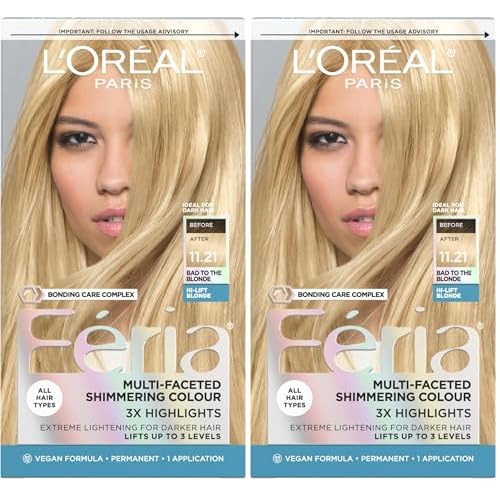 L'Oreal Paris Feria Multi-Faceted Shimmering Permanent Hair Color, 11.21 Bad to the Blonde (Ultra Pearl Blonde), Pack of 2, Hair Dye