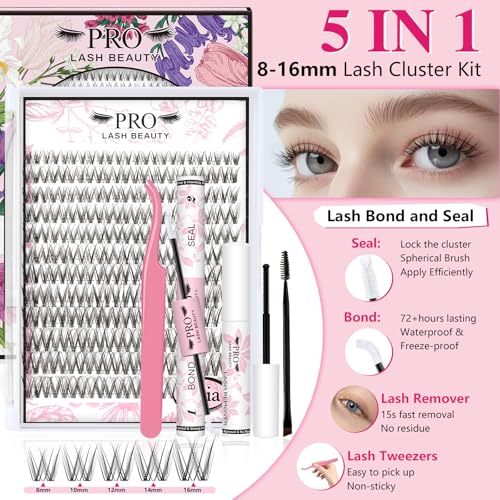 PROLASHBEAUTY Natural Lash Clusters Kit Wispy Lash Clusters Invisible Band with Clear Lash Bond and Seal Lash Tweezer Lash Remover Eyelash Clusters Kit Waterproof Easy to Apply (Solia,8-16mix)