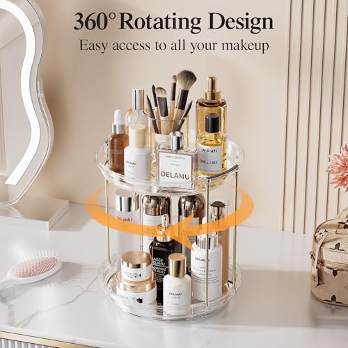 Delamu Rotating Makeup Organizer 2-Tier Vanity Storage with Spin Shelf