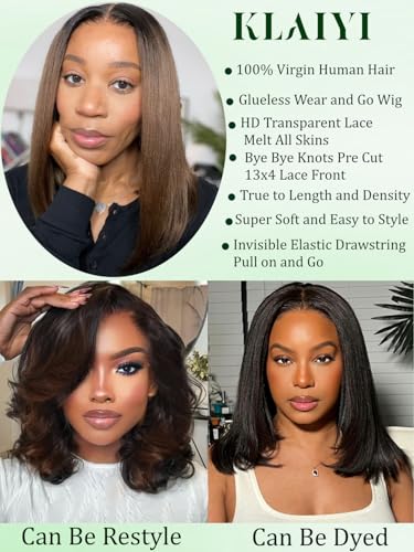 KLAIYI Ombre Brown Yaki Straight Bob Wig Human Hair 14" Glueless