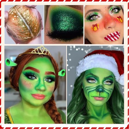 Green Red Eyeshadow Palette, Pigmented Matte Shimmer Christmas Makeup Pallet for Grinch, Shrek Makeup,18 Color Long Lasting Green Gold Glitter Eye Shadow Palette for Mardi Gras,Festival,Carnival,Party