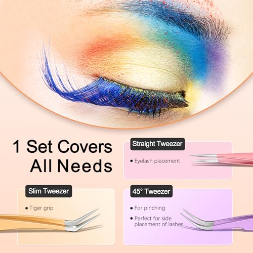 MORGLES Straight&Curved Lash Tweezers for Eyelash Extensions, 5pcs Eyelash Tweezers for False Lashes, Precision Tweezers for Crafting Lash Applicator Tool for Girls Women Beginners