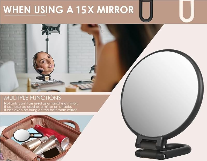 Stianiiie Black 1X/15X Double Sided Travel Handheld Mirror for Makeup & Grooming