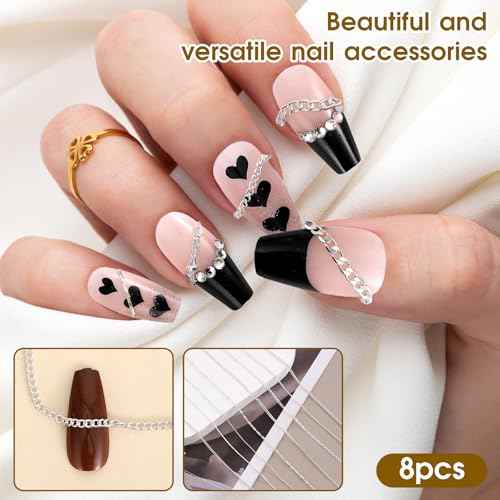 8 Strips Metal Chain Nail Art Charms - Silver Jewelry Chains 3D Decorations Supplies - Punk Studs Accessories for DIY Making Manicure Jewelry (Silver)