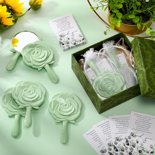 Wenqik 24 Sets Bridal Shower Favors Rose Compact Mirrors Bulk Wedding Favors for Guests Rose Compact Handheld Mirrors with Thank You Cards and Organza Bags Wedding Party Guests Souvenir Gifts (Green)