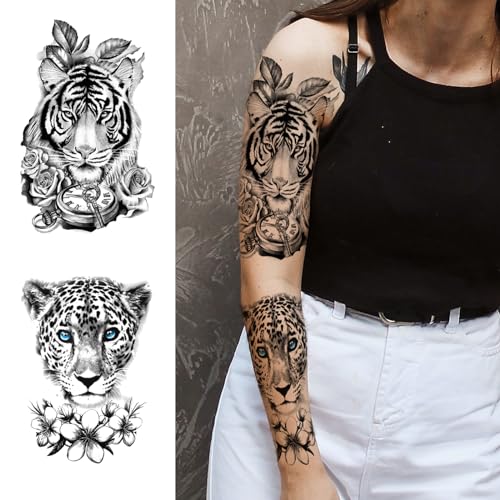 Animal Flower Temporary Tattoo For Women Half Sleeve, Large Realistic Tiger Lion Floral Fake Tattoo Adult Girl Thigh Chest, Black Leopard Pendant Temp Tatoo Sticker Arm Back Body Art Makeup, 8-Sheet