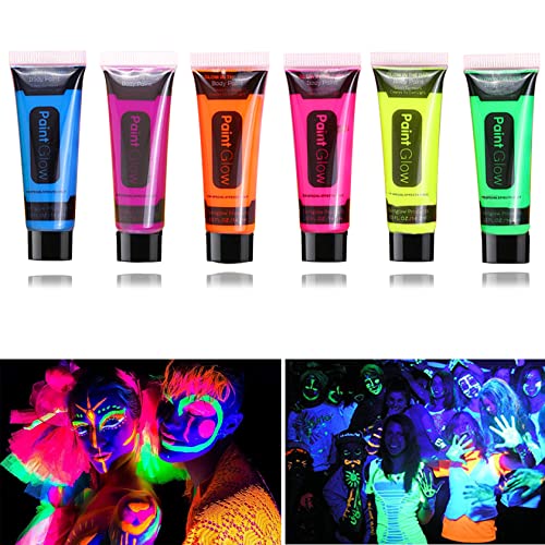 Glow in the Dark Face Body Paint,Washable Neon Face Body Paint,Black Light Face Makeup for Party Halloween Christmas Cosplay Masquerade Etc 0.48oz Set of 6 Tubes(6 colors)