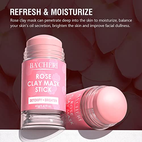 BACHERI Rose Clay Mask Stick, Pink Clay Mask with Rose Extract, Rose Facial Mask for Glowing Skin, Refining Pores and Moisturizing