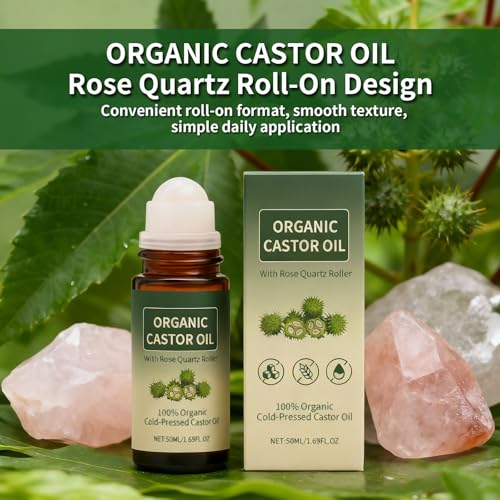 Organic Castor Oil Roll-on with Rose Quartz - 1.7oz, Cold-Pressed for Skin, Brows & Lashes (Variation 1)