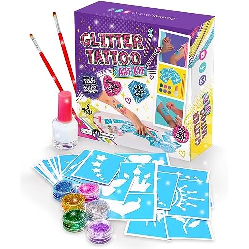 Original Stationery Glitter Tattoo Kit - 33-Piece Multicolor Set, Ages 3-8, 24 Stencils, 6 Color Pots, 2 Brushes & Adhesive - Glitter Tattoos for Kids & Sleepover Party Supplies