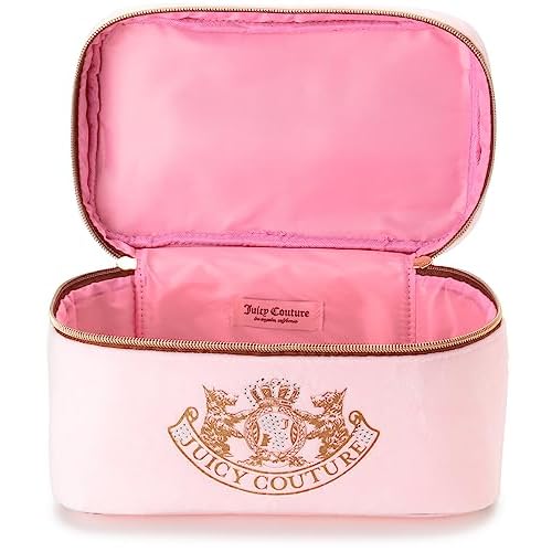 Juicy Couture Pink Makeup Bag Cosmetics Organizer Travel Essentials Train Case Gold Terroir Dog Rhinestone Crown Velour