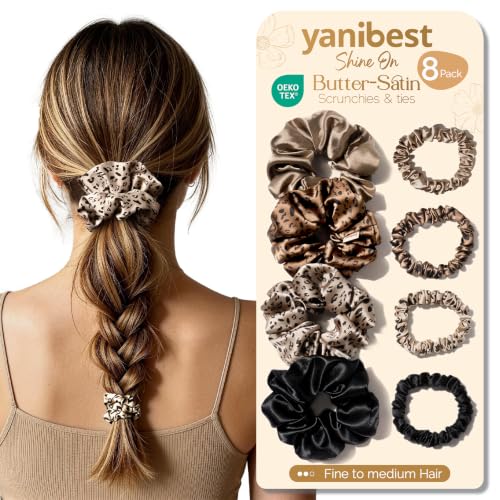 YANIBEST Satin Hair Scrunchies & Ties 8 Pack - Gentle, Frizz-Reducing Hair Accessories