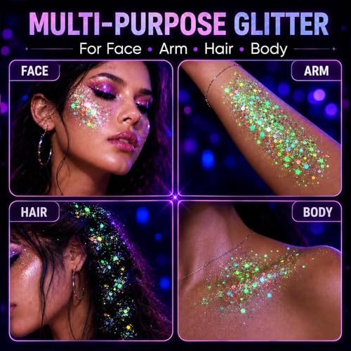 Glow in the Dark Glitter Gel Set - 6 Colors for Body & Face