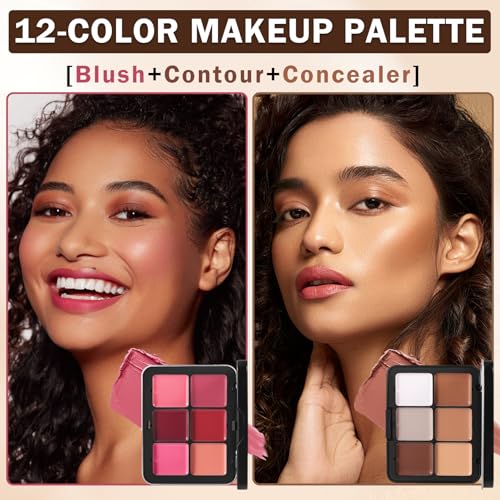 12-Color Cream Blush & Concealer Palette with Brush