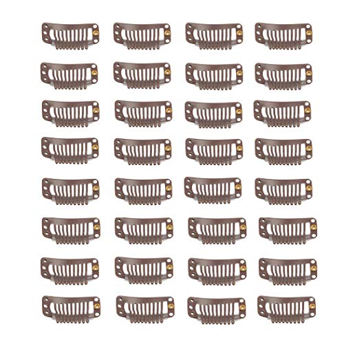 30 Pcs Hair Extension Clips, 9 Teeth Stainless Steel Snap Comb Wig Clips, Wig Accessories Clip with 30 Assorted Sewing Needles and 2 Rolls Thread (Dark Brown)