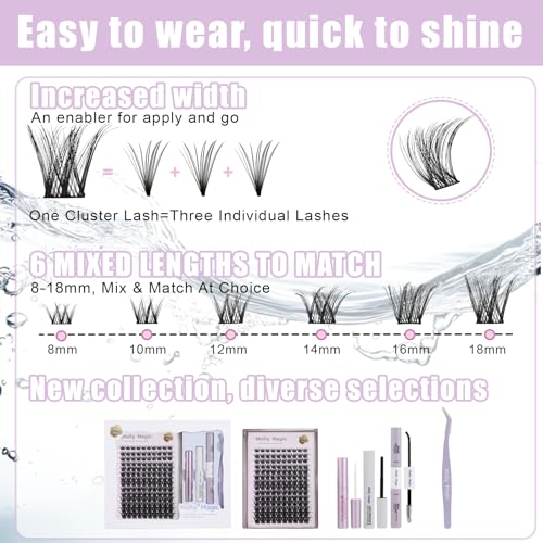 Molly Magic Eyelash Extension Kit D Curl 8-18mm Wispy Natural False Lashes with Waterproof Adhesive & Tools