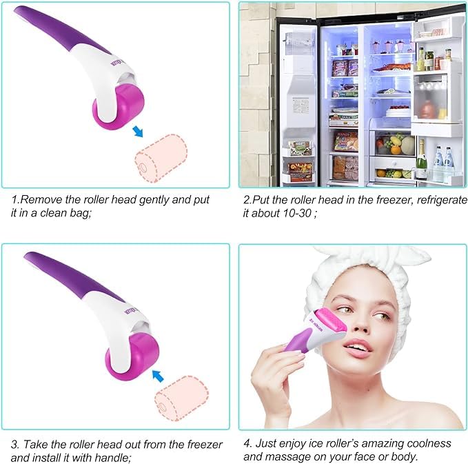 Facial Message Roller with extra steel head [Purple],Ice roller for face and eye, face messager, Migraine Relief,gua sha facial tool, Eye Puffiness Relief, Skin Care Tool Reduce Wrinkles,