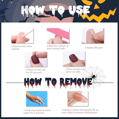 Halloween Press on Nails Coffin Medium Length Fake Nails Black False Nails with Designs Evil Eye Blood Drop Glue on Nails Scary Ghost Stick on Nails Full Cover Square Artificial Nails for Women 24pcs