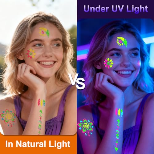 Glow In the Dark Markers for Face Body Paint, 4 Temporary Tattoo Markers for Skin + 57 Tattoo Stencil Stickers, Glow Under UV Light Body Marker Kit