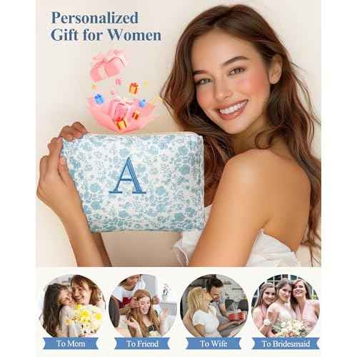 HBselect Initial Quilted Makeup Bag, Cotton Large Travel Makeup Bag, Cute Floral Coquette Make up Bag Cosmetic Bag Toiletry Bag for Women Girls S