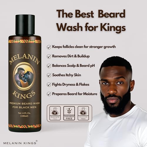 Melanin Kings Beard Wash & Conditioner Set for Black Men ? Gently Cleanse, Hydrate & Soften Coarse, Dry and Curly Beards ? African Oil Blend with Baobab, Marula, Argan & Jojoba
