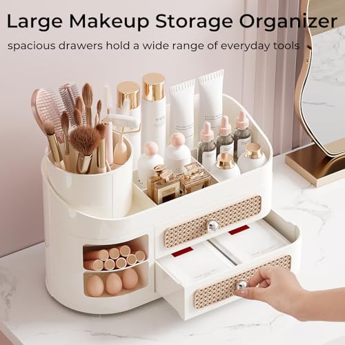 Makeup Organizer with Rotating Brush Holder & 2 Drawers