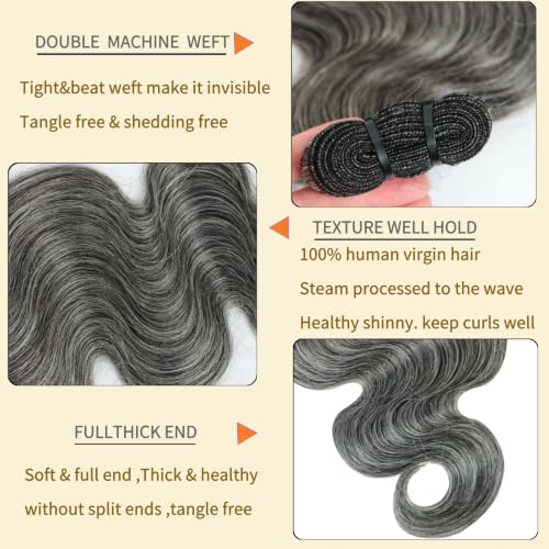 SIYUSI Gray Human Hair Extensions 12 Inch Wavy Curly Salt & Pepper Bundles