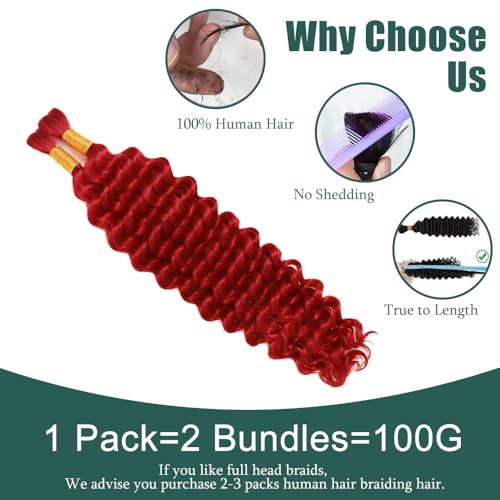 Red Boho Braiding Hair Deep Wave 26 Inch Human Hair Bulk