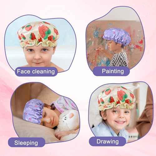 Kids Shower Caps, 2 PCS Waterproof Double Layers Shower Caps Cute Rabbit Bonnets Elastic Band Bonnet Satin and Eva Soft Kids Sleeping Cap Reusable Shower Cap for Kid(Purple + Yellow)