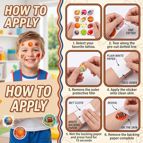 Sports Temporary Tattoos - 96 PCS Pre-Cut Soccer Football Baseball