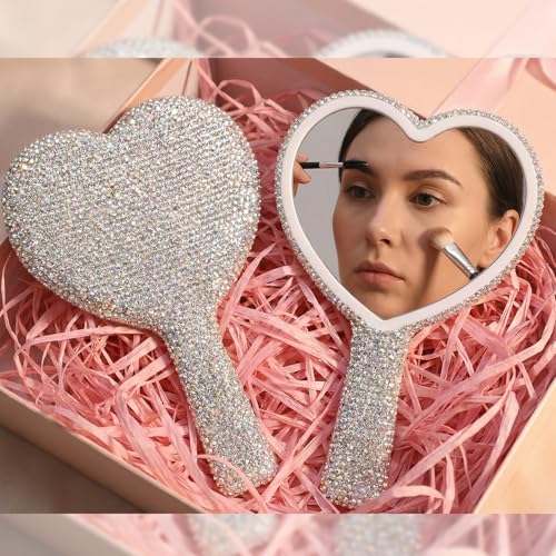 Heart-Shaped Handheld Mirror with Rhinestones 6.3x4.3 Inch