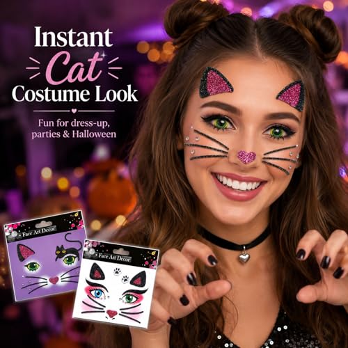 Cat Glitter Face Tattoo Stickers - Halloween Makeup (2 Sheets)