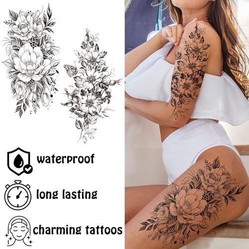 Cerlaza Temporary Tattoos for Women, Realistic Flower Sleeve Stickers