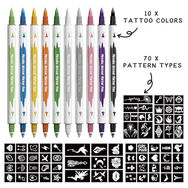 Temporary Tattoo Markers for Skin, Skin-Safe Dual-End Temporary Tattoo Pen,10 Colors Body Marker Pen & Tattoo Stencils for Body and Face Paint N201130