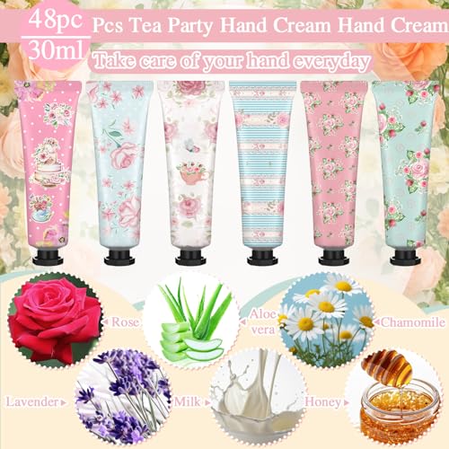 Tea Party Hand Cream Gift Set Wonderland Floral Tea Party Favor Flower Moisturizing Hand Lotion Bulk Dry Cracked Care Cream Teapot Favor Boxes Treat Gift Goodie for Baby Shower, 30 ml(48 Pcs)