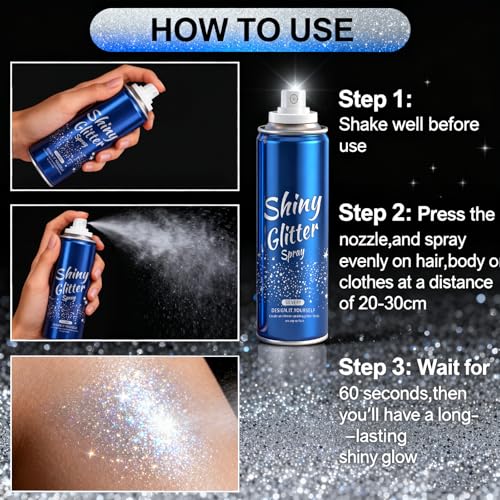 Body Glitter, Glitter Spray for Hair & Body & Face, Hairspray Clothes, Holographic Ultra Long-Lasting Shimmer Suitable Stage, Festival Rave Makeup Prom, Spray for Kids Women Men, Silver