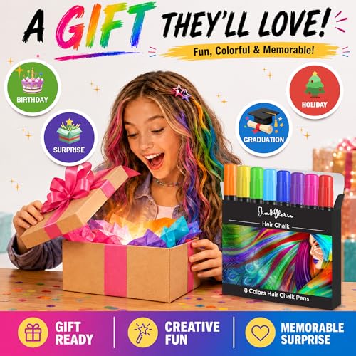 Jim&Gloria Washable Hair Chalk Kit - 8 Vibrant Colors for Kids