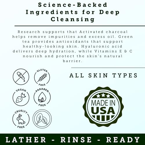 Mens Face Wash | Facial Cleanser with Activated Charcoal, Hyaluronic Acid & Green Tea | Exfoliate, Deep Pore Cleansing & Hydrating Facial Cleanser | Exfoliating Face Wash | Mens Skin Care