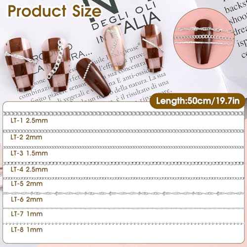 8 Strips Metal Chain Nail Art Charms - Silver Jewelry Chains 3D Decorations Supplies - Punk Studs Accessories for DIY Making Manicure Jewelry (Silver)