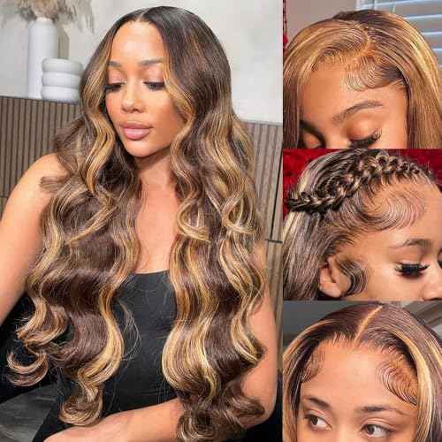Highlight Ombre 13x6 Lace Front Wig Human Hair 220% Density Honey Blonde Ombre Highlight Body Wave Human Hair Wig Pre Plucked with Baby Hair 4/27 Highlight Wigs for Women 22 Inch