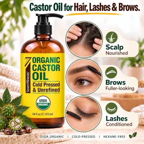 Seven Minerals USDA Organic Castor Oil 16 oz Glass Bottle with Pump – Cold Pressed, Hexane Free